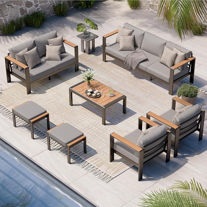 Oasbira Aluminum Outdoor Patio Furniture Set with Coffee Table, 7 Piece Patio Conversation Sets with Thick Cushion, Ottomans, Patio Sectional Furniture Set for Porch, Balcony, Deck, Yard, Gray