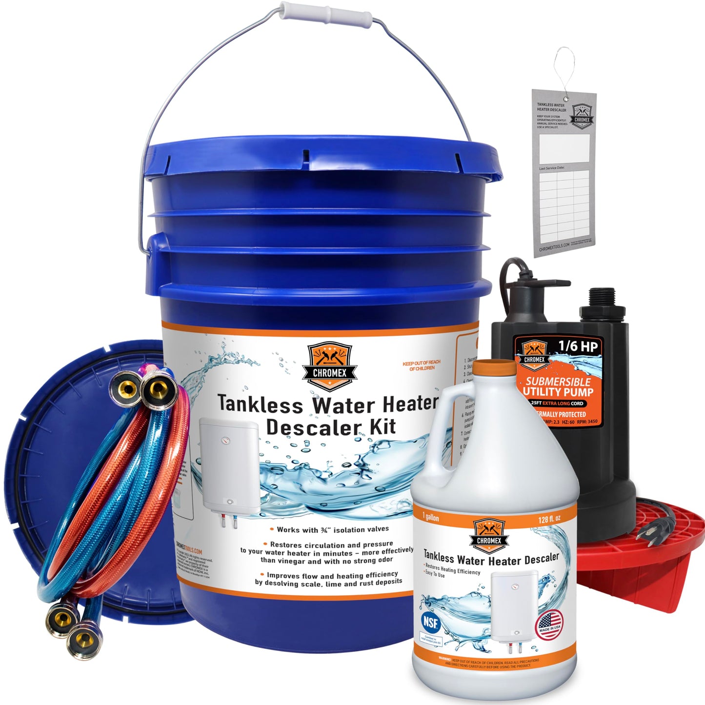 Chromex Tankless Water Heater Flush Kit with Gallon NSF Certified Liquid Descaling Solution and 1/6HP Extra Strength Pump