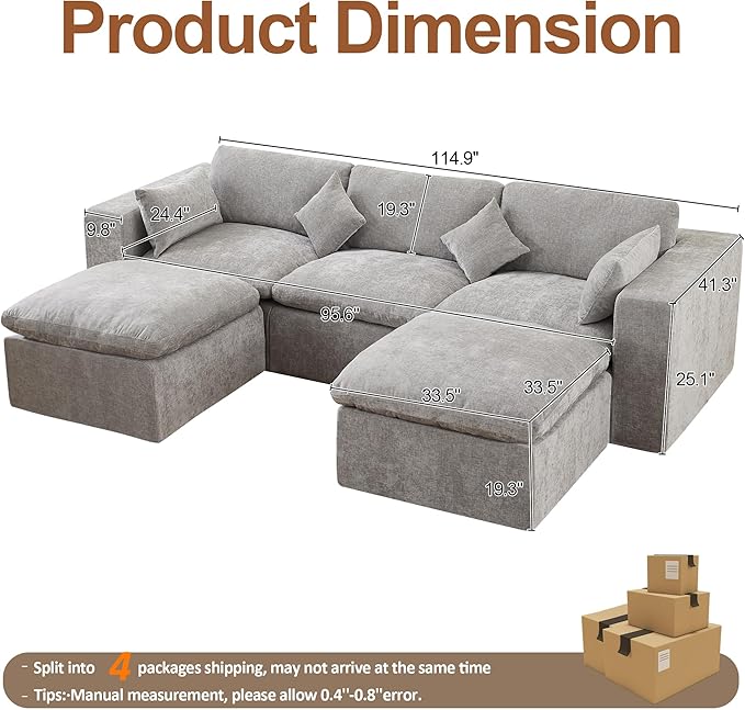 115'' Cloud Boneless Sectional Couch, Modular Sectional Sofa Deep Seat with 2 Ottomans, Oversized Upholstered Convertible Comfy 5 Seater Chenille Sofa U Shape Couches for Living Room, Light Grey