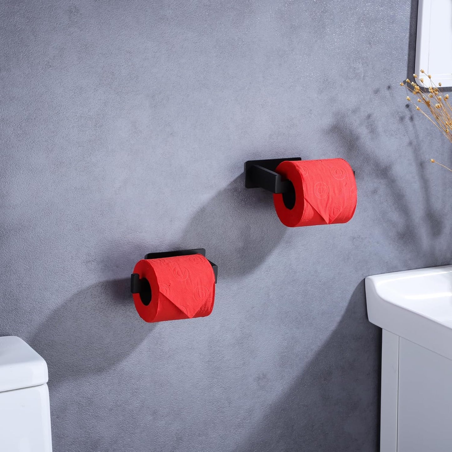 LANC Self-Adhesive Toilet Paper Holder, Matte Black Toilet Tissue Holder for Bathroom Kitchen Stick on Paper Roll Holder with No Drilling Rustproof Stainless Steel Left and Right 2 Pack, A8307MB-LRP2