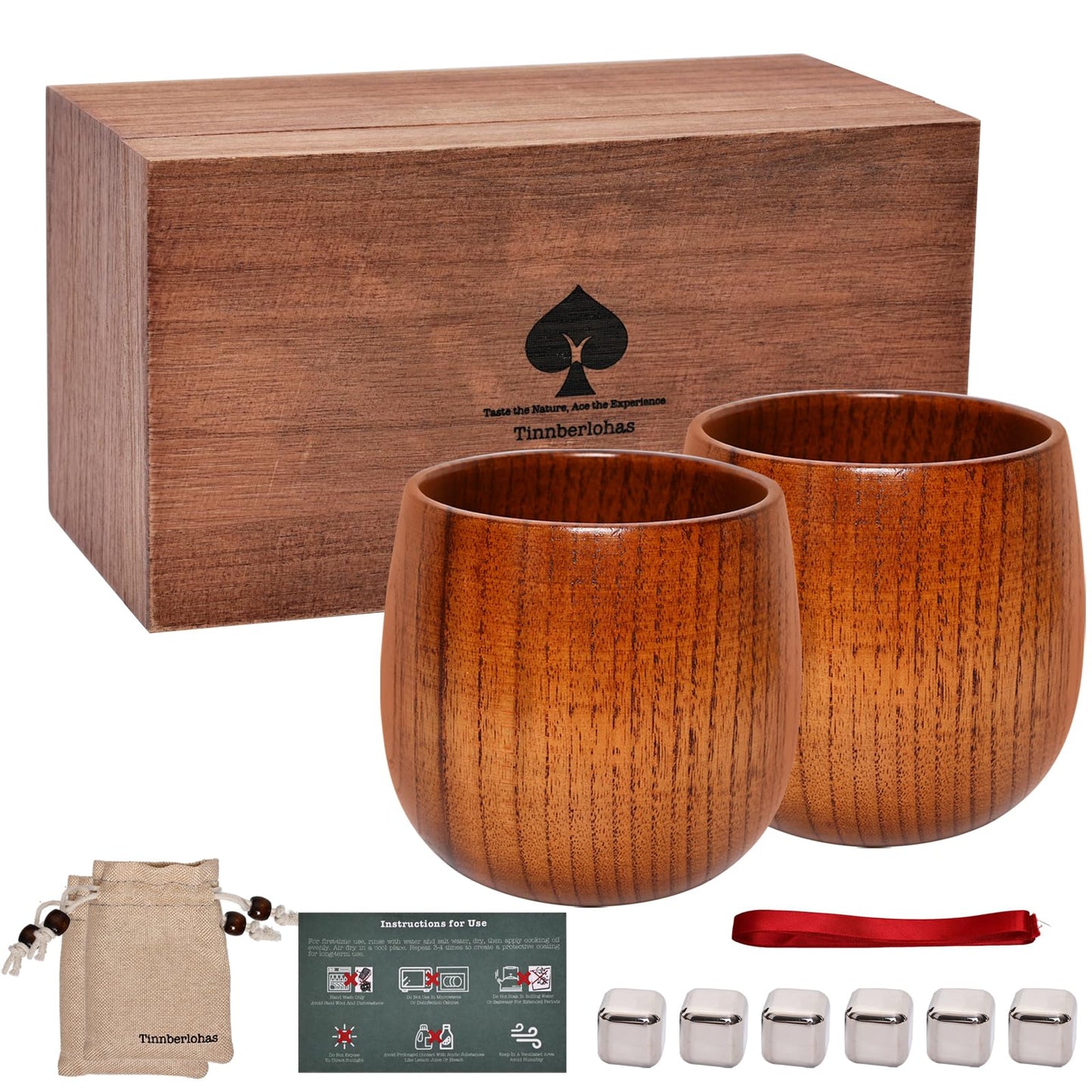 Tinnberlohas Wooden Whiskey Glasses Set of 2 – Durable Bourbon Glass for Men, Insulated Old Fashioned Glass – Whiskey Gifts for Husband, Dad, Brother – Birthday, Christmas, Father’s Day, Retirement