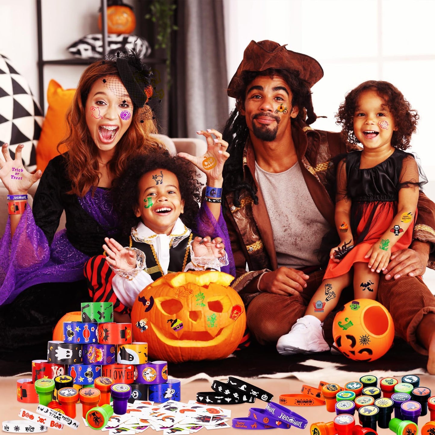 Halloween Party Favors for Kids Toys 264pcs Halloween Prizes Bulk for Kids, Goody Bag Fillers including Stamper Tattoos Slap Bracelets Rubber Bracelets Treats Non Candy Party Supplies
