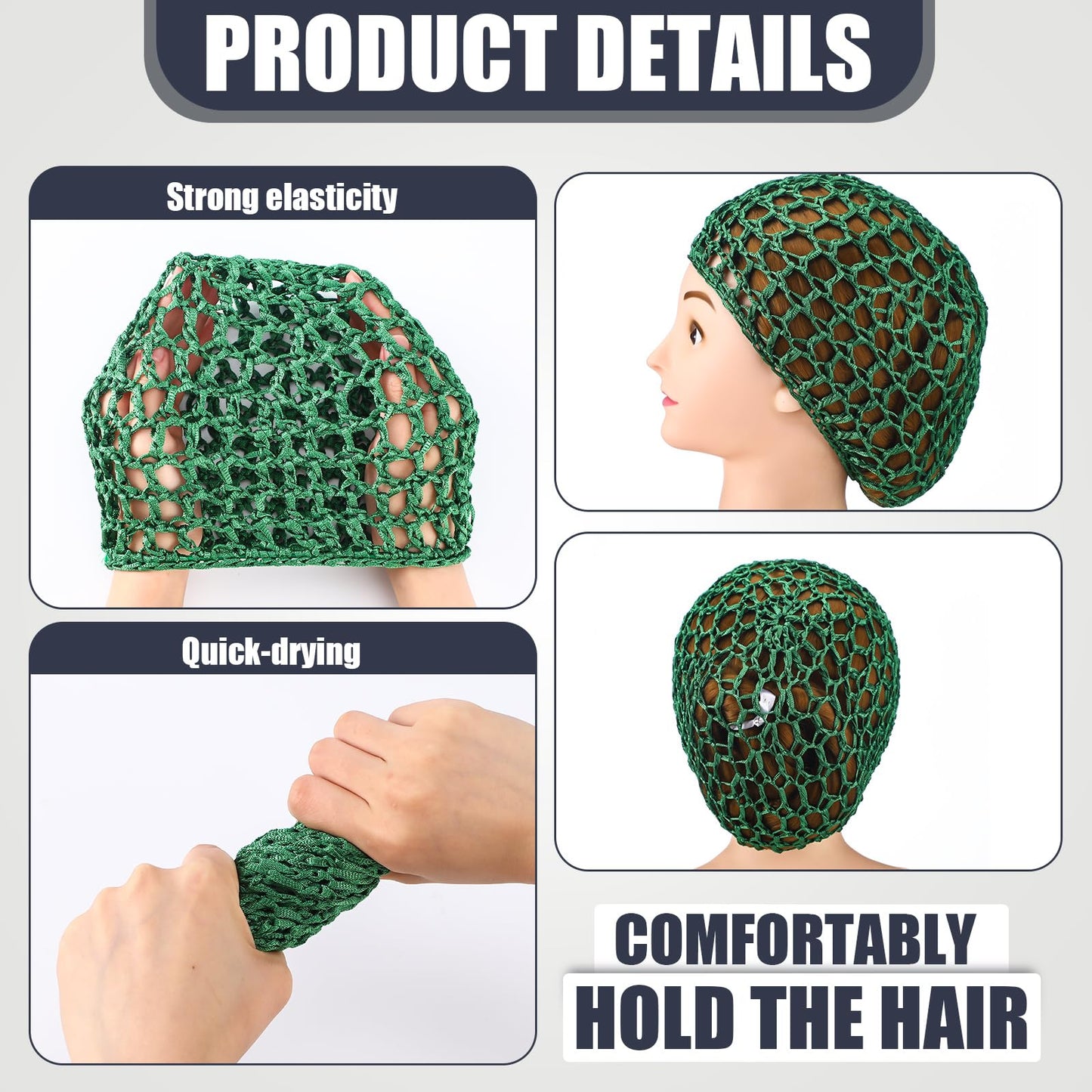Geyoga 4 Pieces Mesh Crochet Hair Net Rayon Knit Snood Hat Thick Short Women Hairnet Snoods Cover Ornament for Sleeping(Black, G