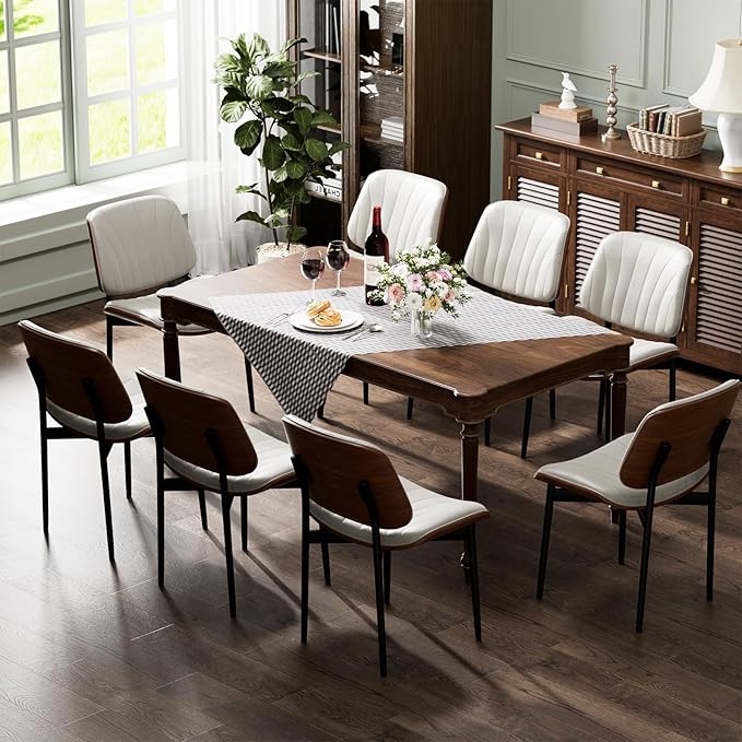 YaFiti Dining Chairs Set of 6, Dining Room and Kitchen Chairs, Mid Century Modern Accent Chair, Upholstered PU Leather Chairs for Vanity with Walnut Bentwood and Metal Legs, Beige