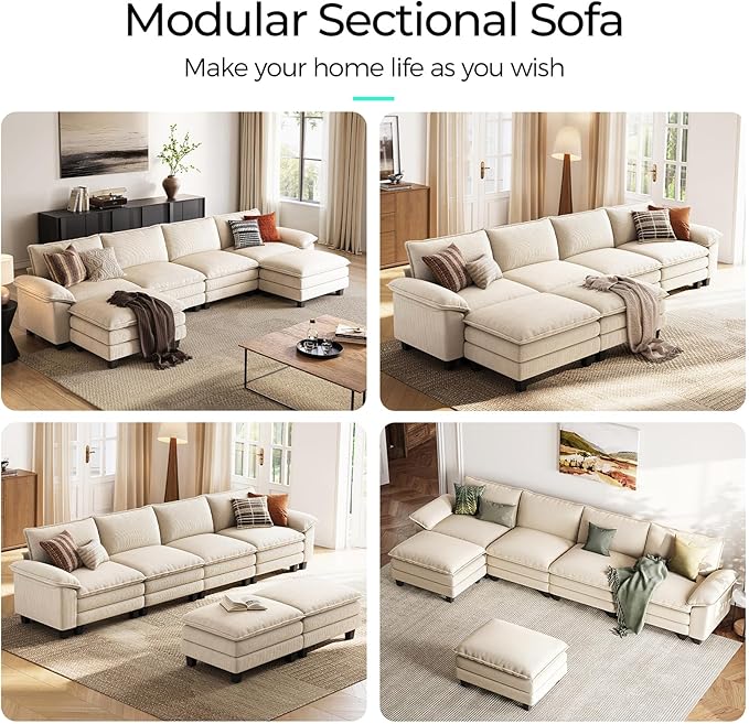 LINSY HOME 157'' Modular Sectional Sofa Beige Couch Corduroy Cloud Couches for Living Room, U Shaped Couch with Movable Ottoman, Modern Cloud Sectional Sofas for Bedroom and Apartment, Beige