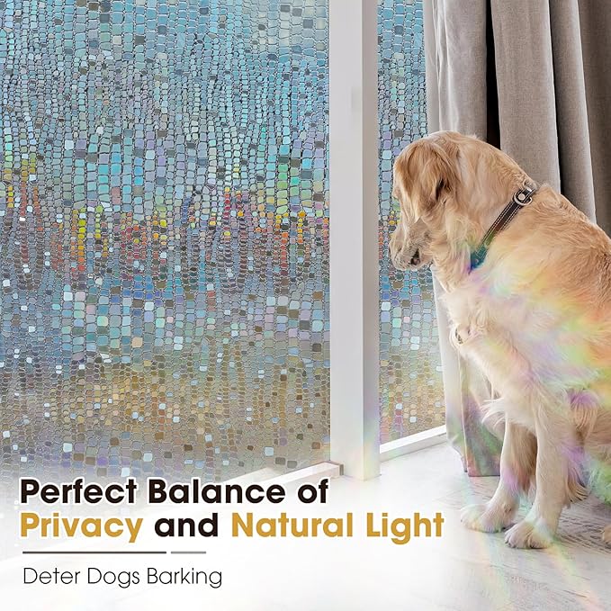Windimiley Rainbow Window Privacy Film, 3D Stained Glass Christmas Decorative Window Clings, UV Heat Blocking Holographic Prism Stickers for Home (35.4 x 157.5In,Brown)