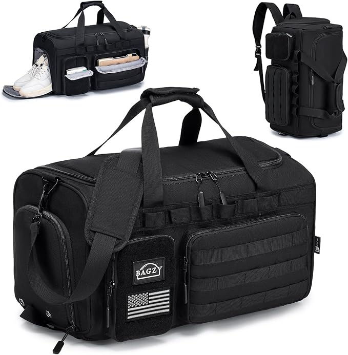 BAGZY 3 In 1 Tactical Military Travel Duffle Bag 40L with Shoe Compartment Gym Bag Backpack for Fitness Weekender Deployme...