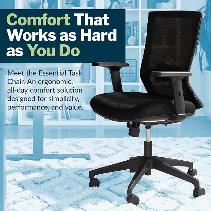 Vari Essential Task Chair - Varidesk Ergonomic Home Office Chair with Comfortable Mesh, Lumbar & Back Support, Adjustable Height - Ideal for Computer Desk - Easy Assembly - Black
