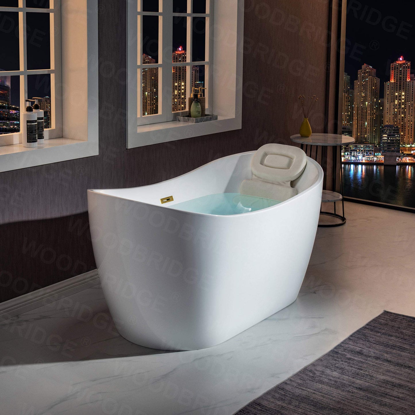 WOODBRIDGE 59"Freestanding White Acylic Soaking Bathtub with Brushed Gold Drain and Overflow,BTA1516 -BG-Drain &O