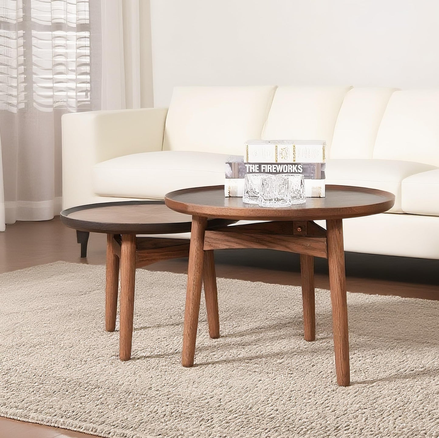 CONSDAN 2-Piece Nesting Coffee Table Set, Solid Oak Frame & Veneer Top, USA Grown Hardwood, Small & Large Round Side Tables for Living Room, Bedroom