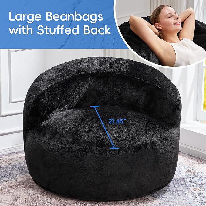Hobestluk Bean Bag Chair Giant Bean Bag Chairs for Adults Big Bean Bag Chair with Memory Foam Filler Adults Large Beanbag with Faux Fur Cover for Bedroom (Plush Black,Large)