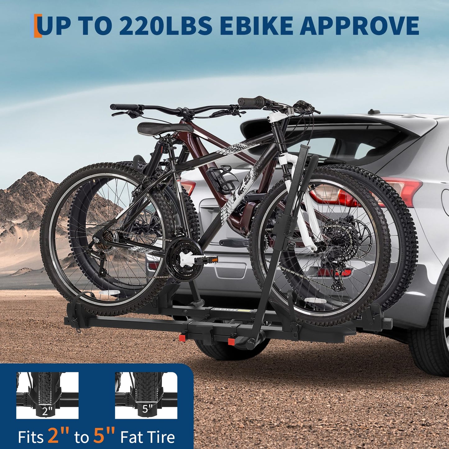 E-Bike Rack for 2-Bike, 200lbs Heavy Duty Hitch Mount Bike Carrier with Anti-Wobble System, Fits 5" Fat Tires, Tilting & Folding Design, 2" Receiver