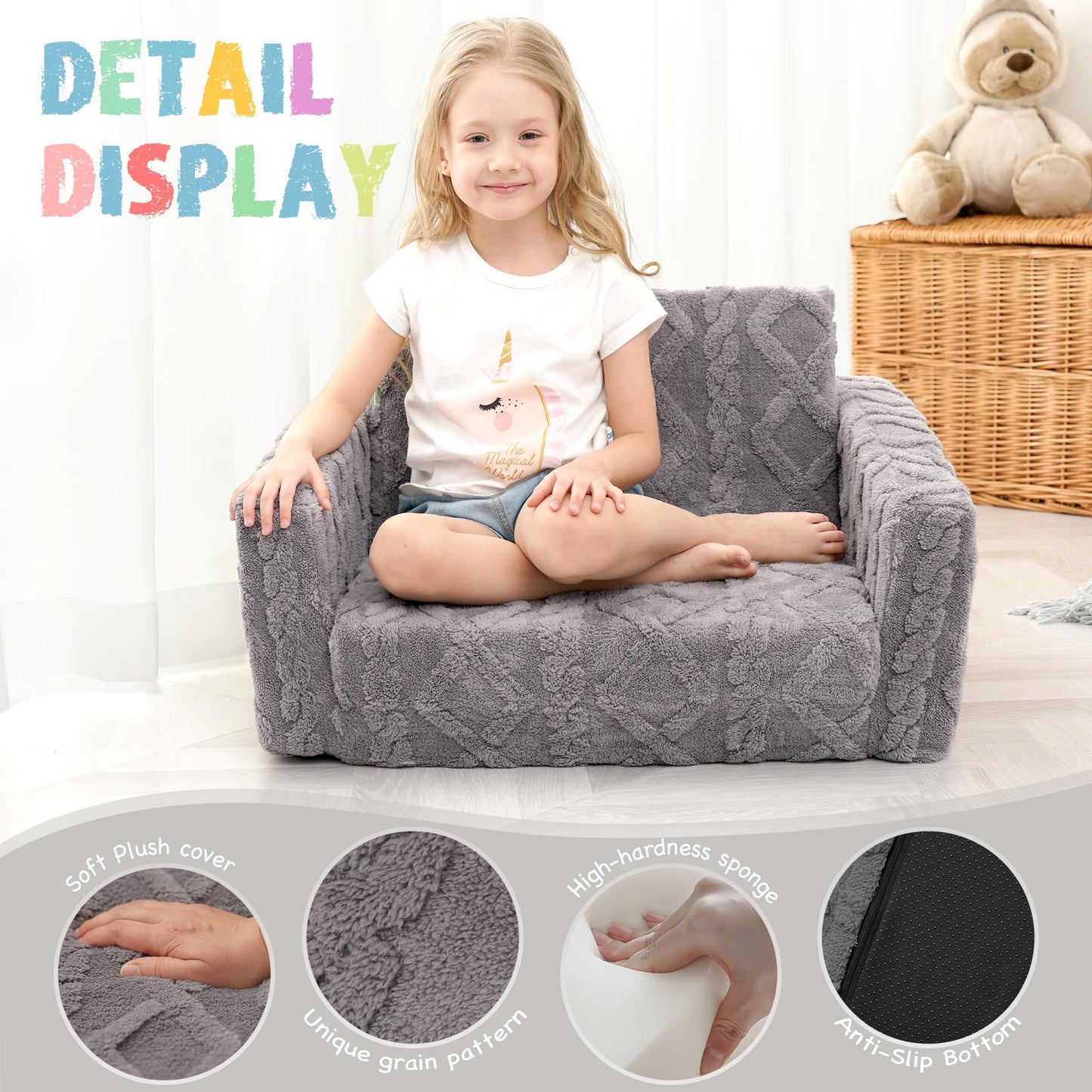 MallSingel Toddler Couch for Kids – 2-in-1 Fold Out Sofa and Lounger, Soft Flannel Convertible Chair, Flip Open Kids Couch (Grey)