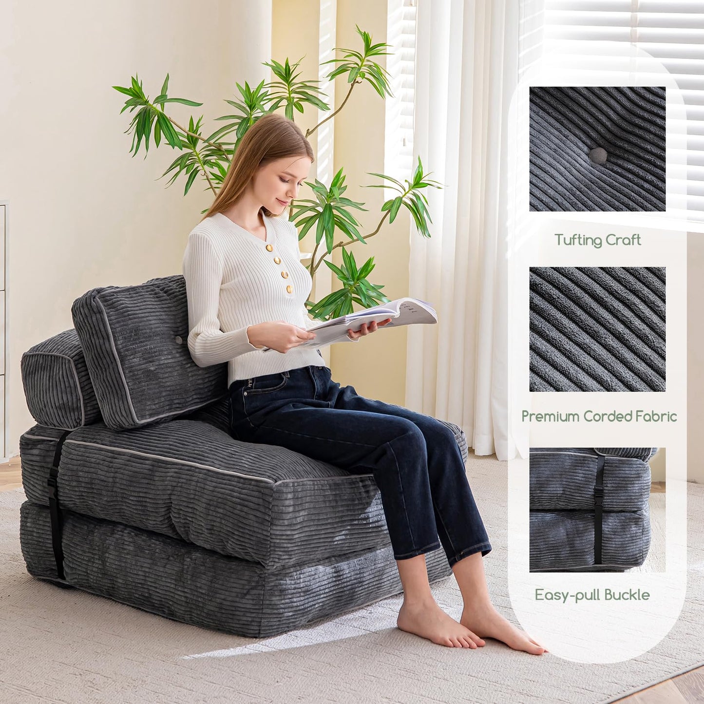 HIGOGOGO Folding Couch Sofa Bed, Convertible Sleeper Chair with Pillow Foldable Mattress with Back Support, Portable Fold Out Chair Bed Floor Mattress,Comfy Floor Sofa for Living Room,Bedroom