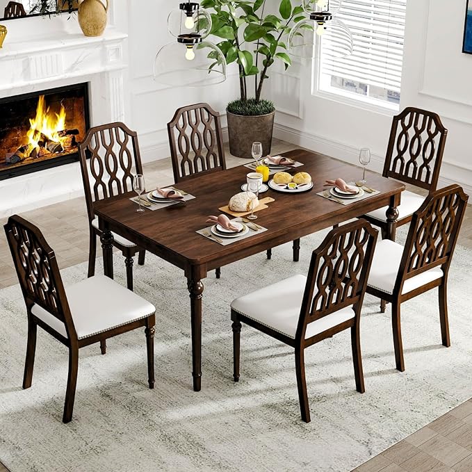 chairus Farmhouse Dining Chairs Set of 6, French Country Vintage Wooden Dining Room Chairs with Lattice Back & Turned Legs, Rustic Chenille Upholstered Nailhead Trim Side Kitchen Chairs, Walnut Brown