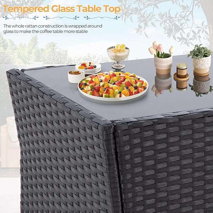 FHFO 4 Piece Outdoor Patio Furniture Sets, Outdoor Sectional Furniture Wicker Conversation Sofa Set for Outside Balcony Porch Backyard (Black-Blue)
