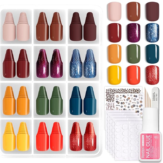 Beetles Press On Nails Kit - Festival Glow | 360Pcs 12 Colors Short Square Press On Nails | 15 Sizes Matte Glossy Glitter ...