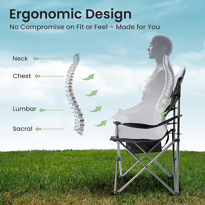 Foristrail 2 Pack Folding Camping Chairs for Adults - High Back Padded Outdoor Lawn Chairs with Lumbar Support & Cup Holder, 400lbs Heavy Duty Portable Camping Chairs Set (Light Black & Gray, 2 PCS)