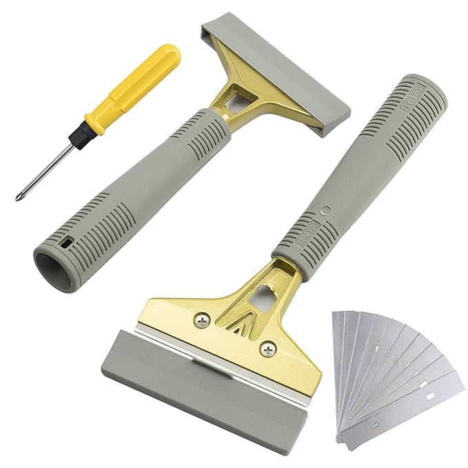 Razor Blade Scraper 2-Pack, Sticker Removers, Heavy Duty Extendable Scraping Tools Set with Screwdriver and 10 pcs Extra Stainless Steel Razor Blades for Window Glass Granite Wall Clean