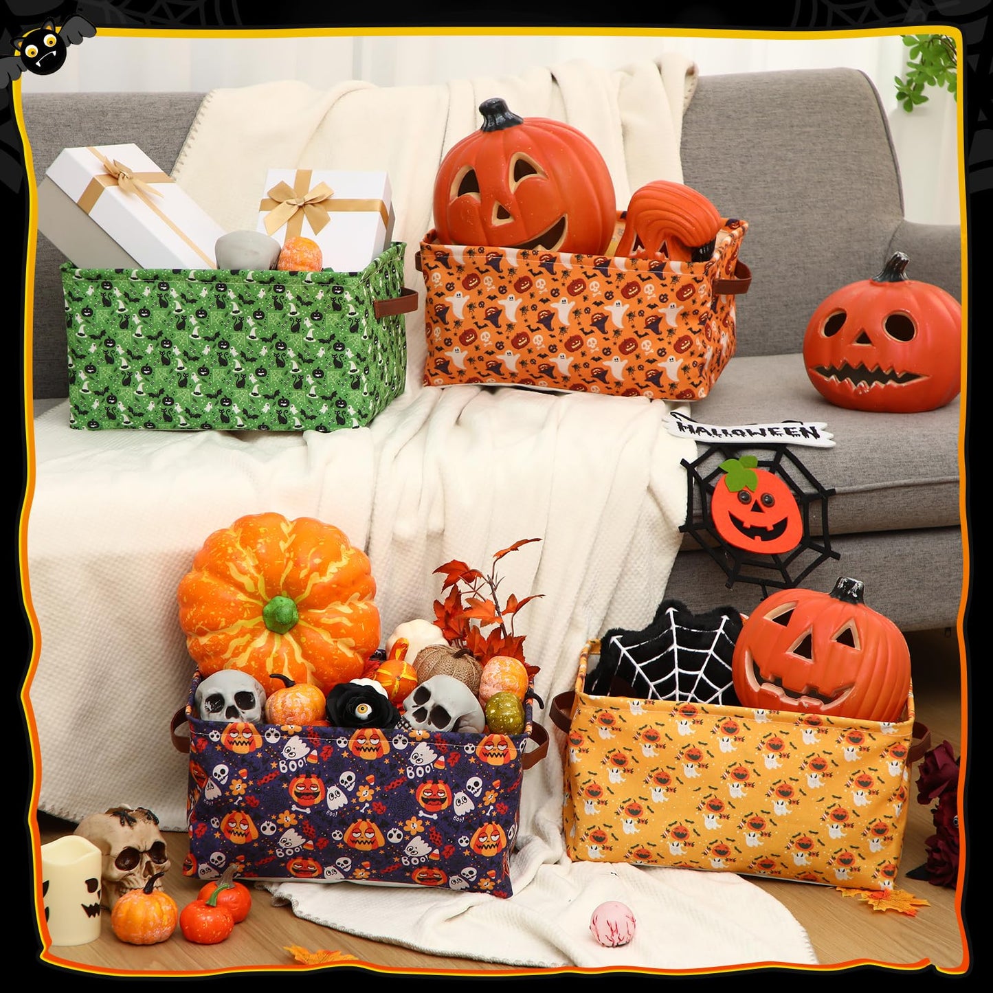Boao 4 Pack Halloween Storage Baskets for Gifts Empty Collapsible Laundry Storage Bins with Handles Foldable Boxes for Home Bedroom Office Holiday Toy Clothes Containers