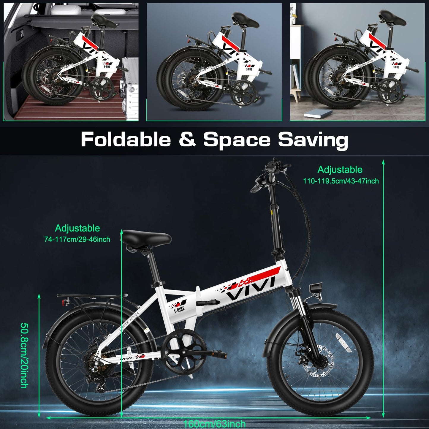 Vivi Electric Bike, 20" Folding Electric Bike 500W Ebikes for Adults, Folding Ebike with 48V Removable Battery, Professional 7 Speed Adult Electric Bicycles Electric Commuter Bike