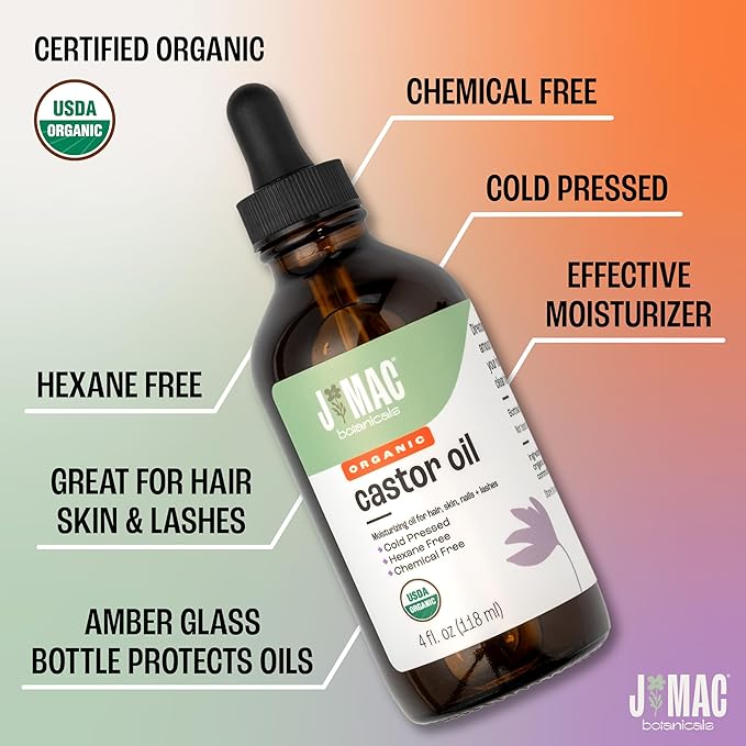 J MAC BOTANICALS Organic Castor Oil, 100% Pure (4oz Glass Bottle with Dropper) - for Eyelashes, Eyebrows, Hair & Skin