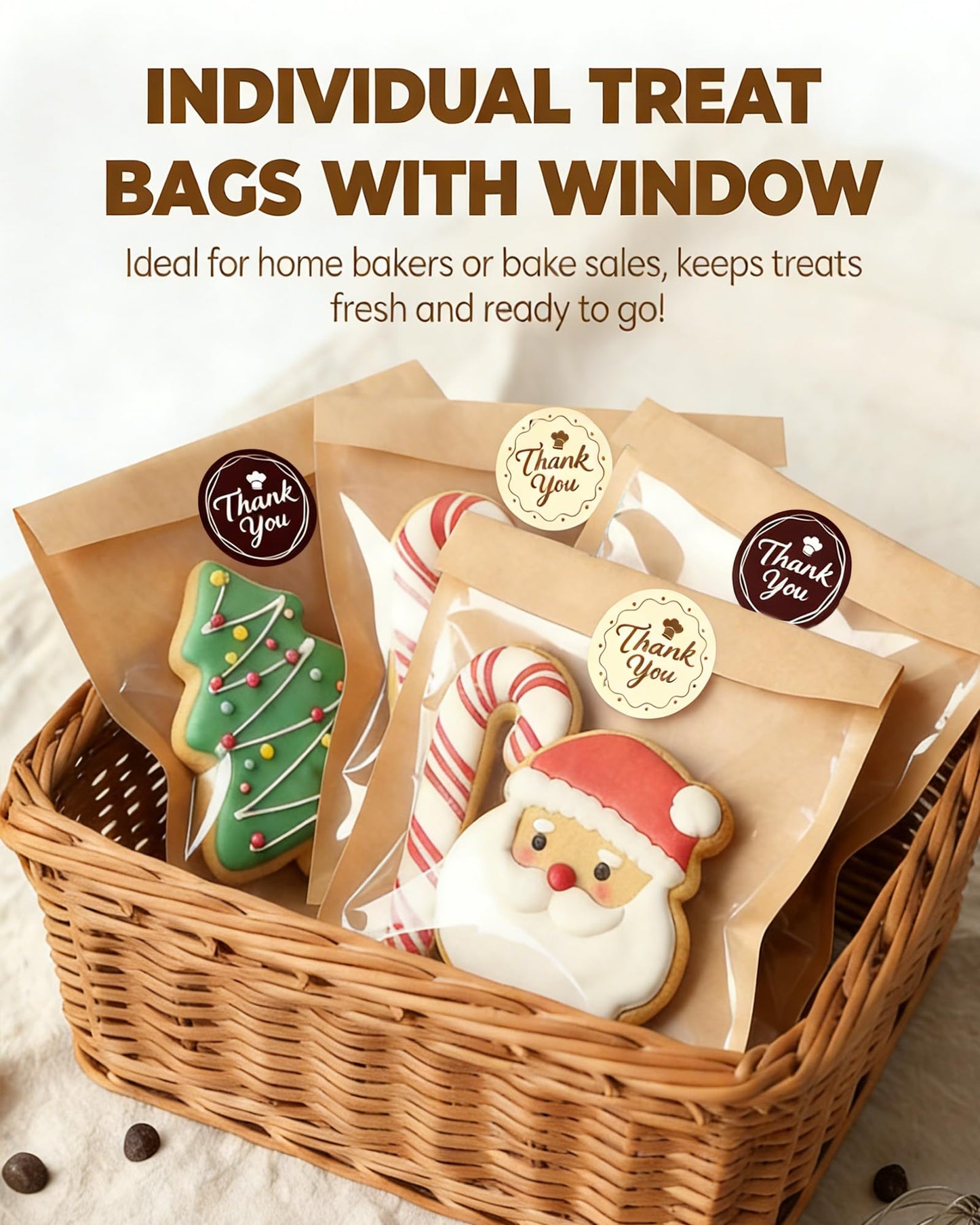 Bake Choice 100PCS Cookie Bags with Seal, 5.7x6.5 Inch Individual Cookie Packaging Bags for Gift Giving, Heat Sealable & Grease Proof Bakery Bag with Window, Baked Goods Packaging