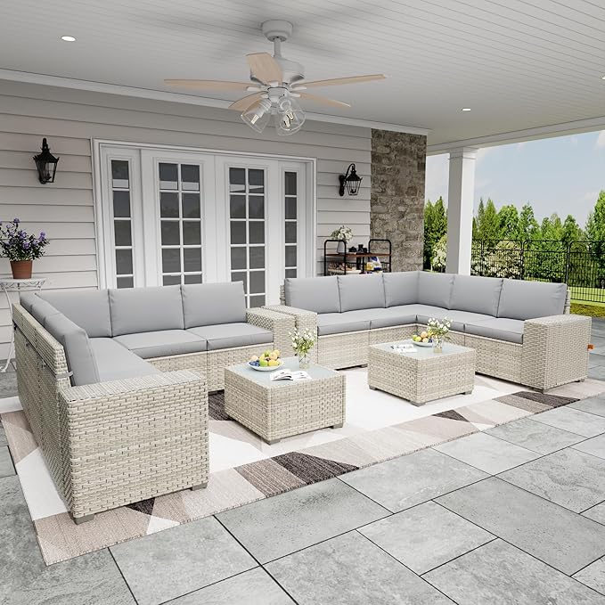 Broivira 12 Piece Patio Furniture Set, 9.8" Wide Arm Sectional Sofa with Storage Armrests, All-Weather Rattan Outdoor Conversation Set for Garden, Porch, Lawn, Backyard, Balcony, Grey