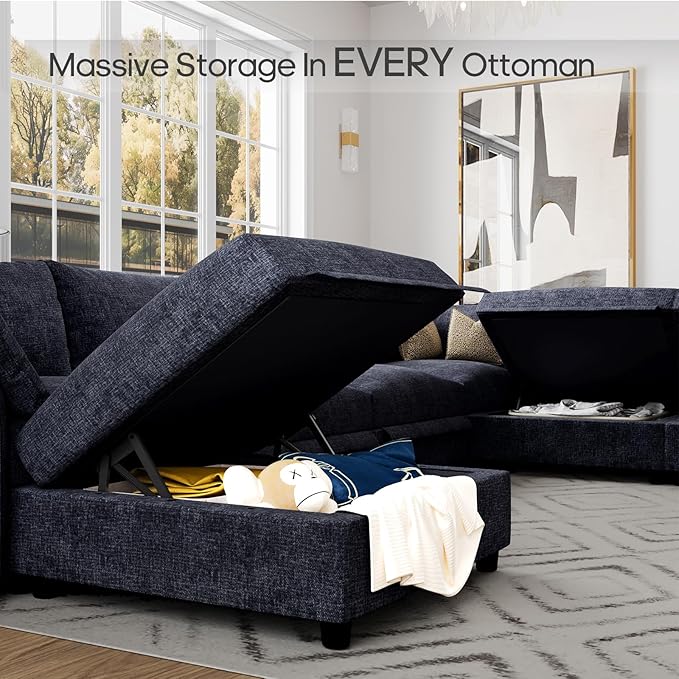 DreamDashio 193" Oversized Modular Sectional Sofa with Storage, U Shaped Sectional Cloud Couch for Living Room with Adjustable Arms Backs, Thick Cushions 10 Seater, Dark Grey Chenille