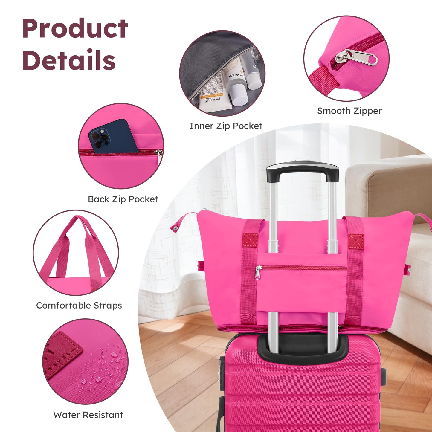 Suitour Luggage Sets 6 Piece, 20-inch Carry-on and 24 inch 28 inch Checked Suitcase Set with Cosmetic Case and Expandable Travel Duffle Bags Set(Rose Red)