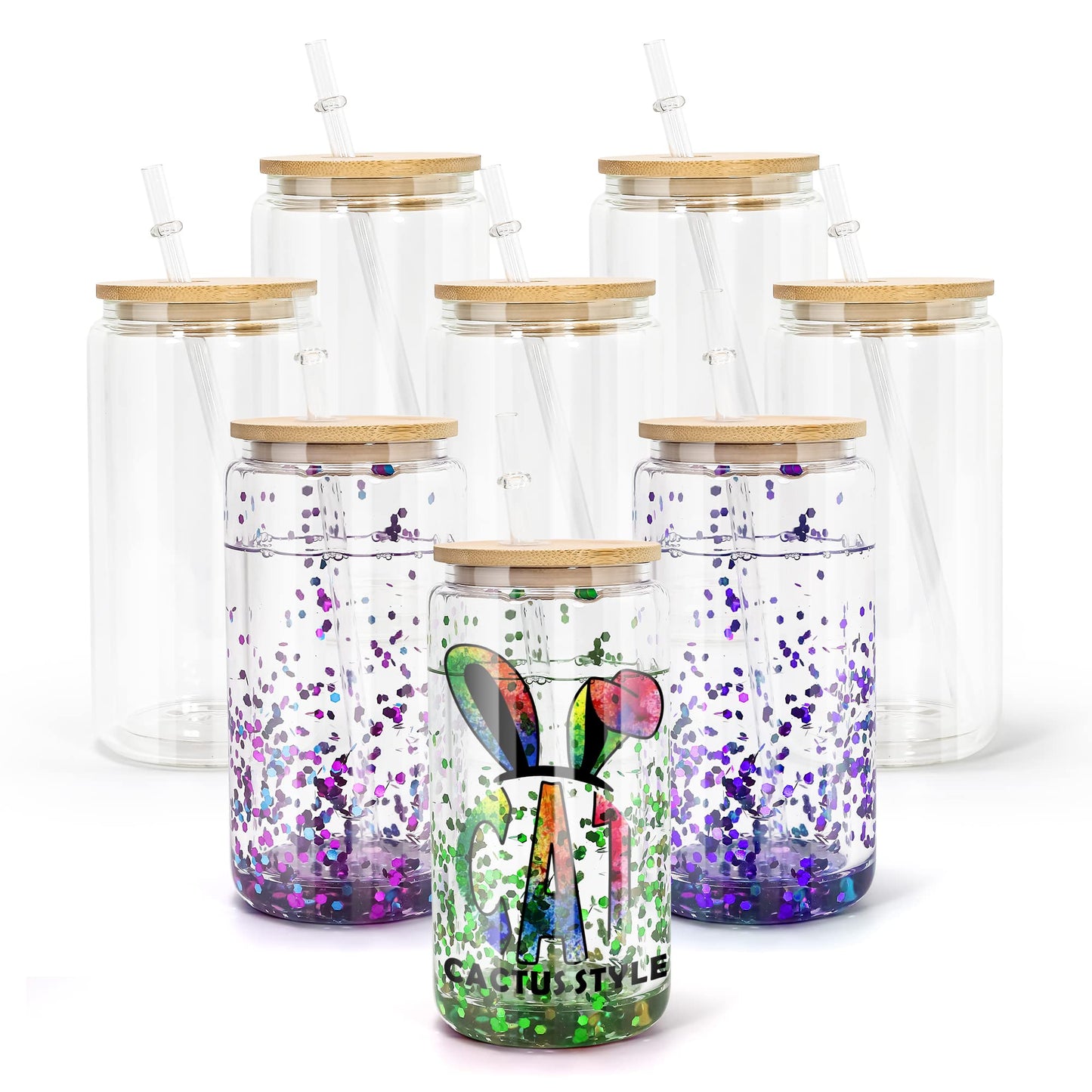 AGH 16OZ Snow Globe Glass Tumbler,8 Pack Sublimation Glass with Bamboo Lids and Straws, Double Wall Sublimation Beer Can Glasses Can Shaped Tumblers with Pre Drilled Hole for DIY