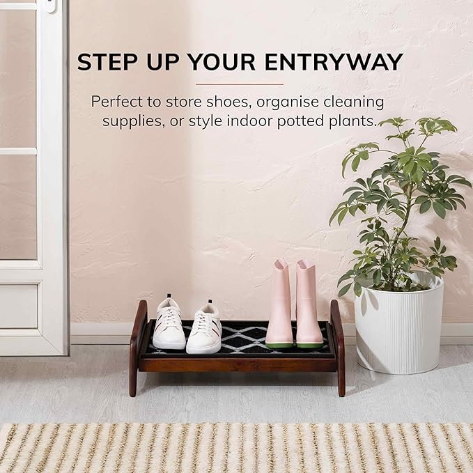 Anji Mountain Heavy Duty Waterproof Wooden Shoe Storage Mat Organizer/Boot Storage Tray Multi Use for Entryway with Coir, Black and Ivory Diamond Insert, 1 Tier, Fits 2 Pair (26.5" Wide)
