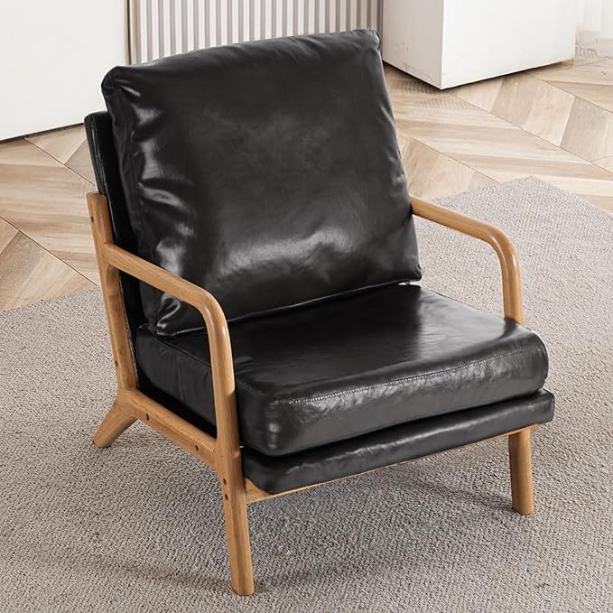 Mid Century Modern Accent Chairs for Living Room, 23” Wide Comfy Chair for Bedroom, Small Cozy Leather Reading Chairs for Adults, 108° Lounge Arm Chair Indoor with Detachable Cover, 5.5" Foam Cushion