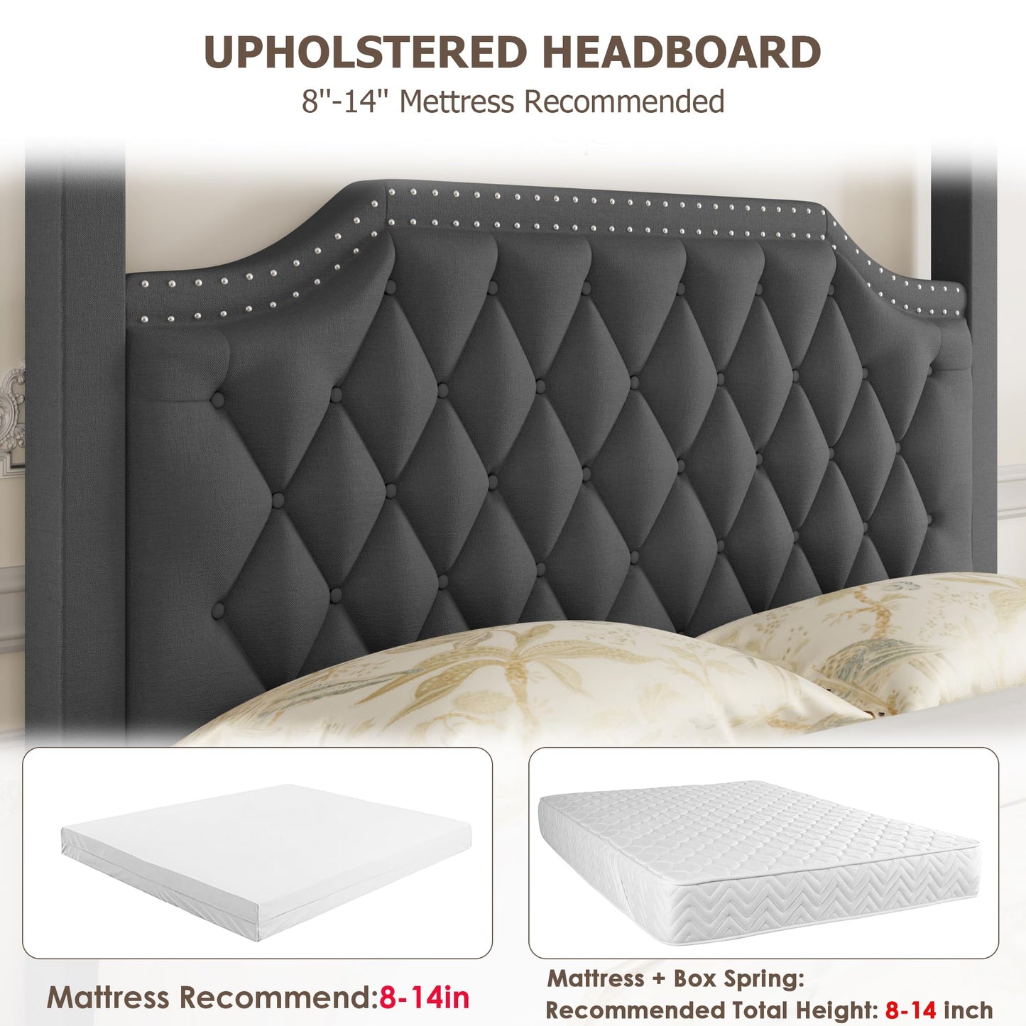 GarveeHome Upholstered Canopy Bed Frame Full Size with headboard, Button Tufted, Nailhead Trim Design, No Box Spring Required, Gray