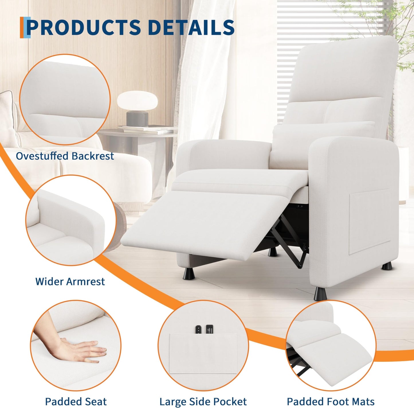 Power Recliner Chair, Adjustable Electric Reclining Chair for Adults, Overstuffed Tall Back Sofa with Padded Seat, 2 Side Pockets & USB Port, Home Theater Seating for Living Room - White