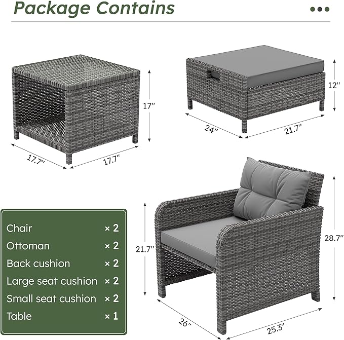 LHBcraft 5 Piece Patio Conversation Set Outdoor Patio Chairs with Ottomans Balcony Furniture with Soft Cushions & Coffee Table for Poolside Garden Balcony, Grey