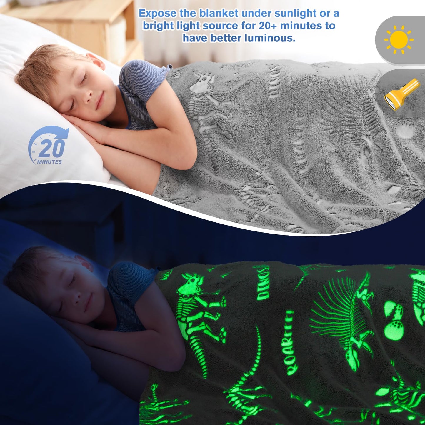 Dinosaur Toys Gifts for Boys Girls - Dino World Glow in The Dark Blanket Best Birthday Christmas Valentines Easter Presents for Kids Toddler Age 1 2 3 4 5 6 7 8 9 10 Years Old Child Soft Throw 50"x60"