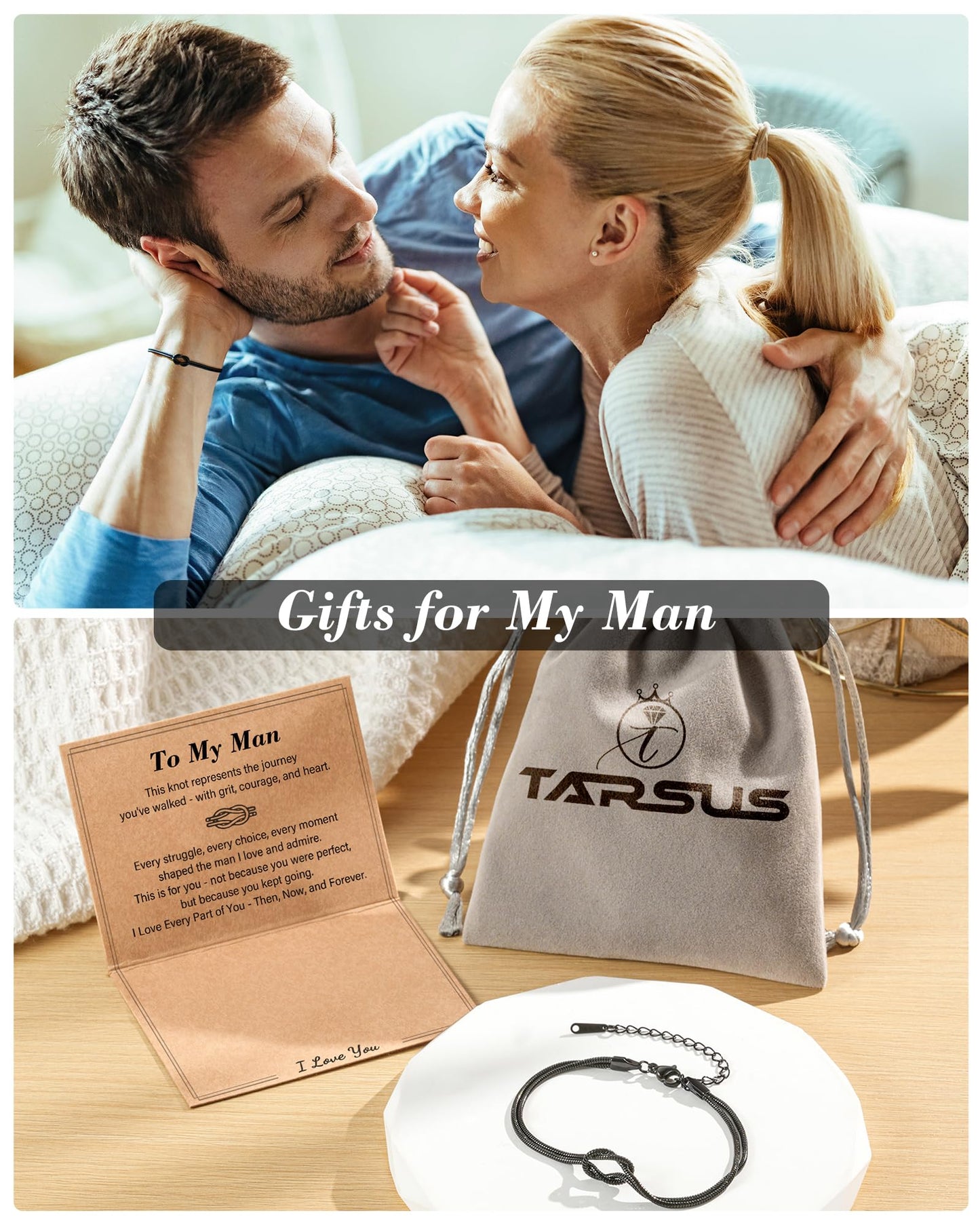 Tarsus To My Man Bracelet Gifts for Men, Black Love Knot Bracelet Mens Jewelry Christmas Anniversary Birthday Presents Stocking Stuffers Gifts for Him Boyfriend Men Husband