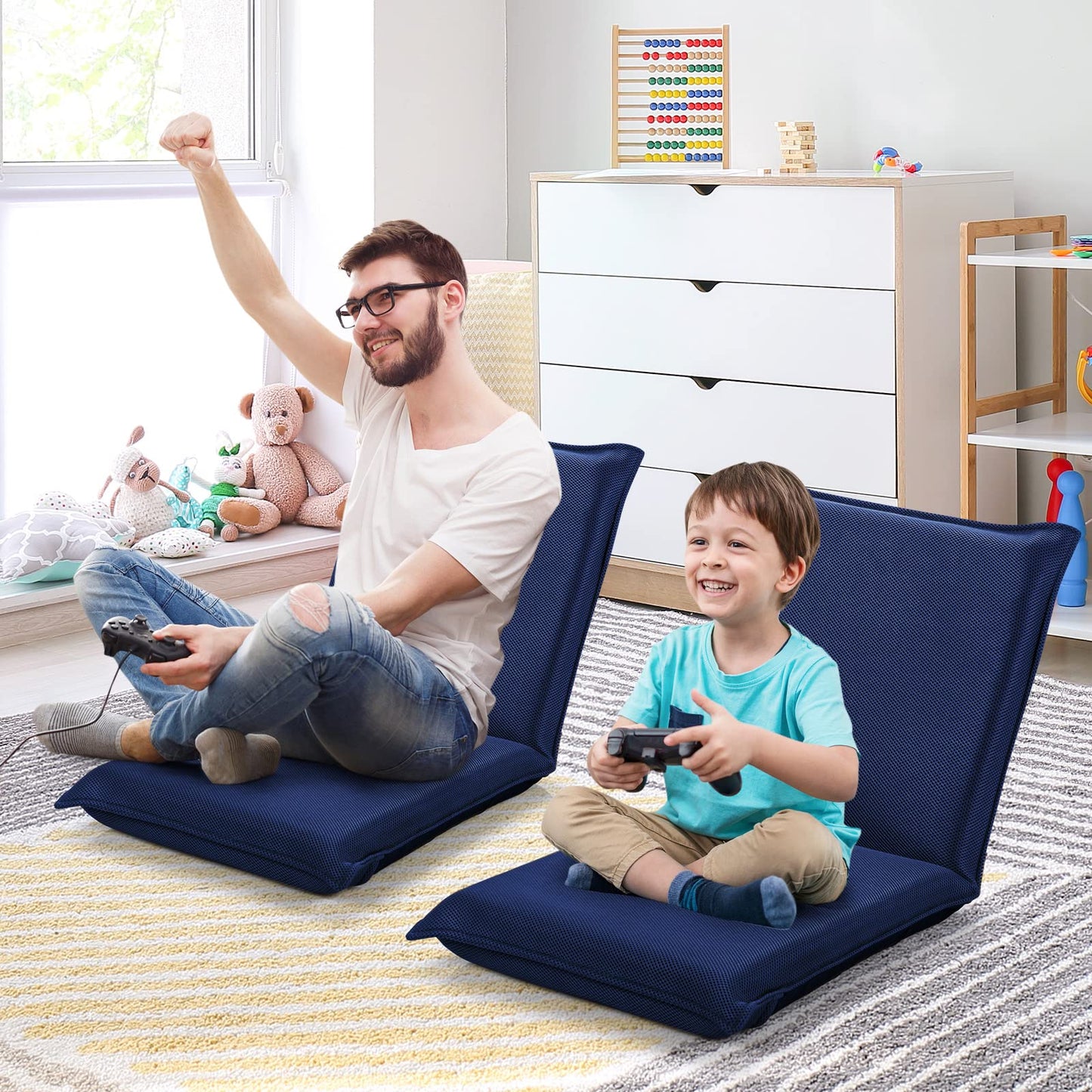 MAT EXPERT Adjustable Floor Chair, 6-Position Mesh Floor Gaming Chair, Folding Lazy Sofa Padded Lounger Recliner, Cushioned Floor Chair with Back Support for Reading, Meditating (Navy Blue)