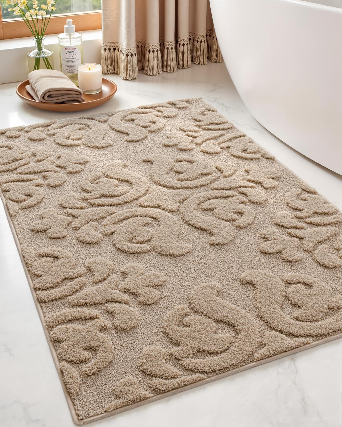 DEXI Bathroom Rug 17x30, Non Slip Washable Bath Mat for Shower Floor, Absorbent Soft Bathmat with Rubber Backing, Plush Fluffy Microfiber Floral Retro Carpet, Beige