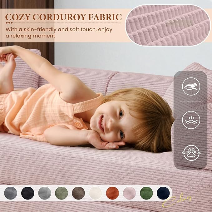 77" Convertible Sofa Bed, Modular Folding Futon Corduroy Floor Foam Compressed Loveseat Sleeper Sofa Couch, Pull Out Queen Size Couch Bed with 2 Pillows for Living Room Guest Room Studio, Pink