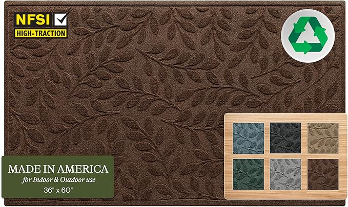 WaterHog Welcome Mat for Indoor/Outdoor, 3’ x 5’, Made in USA, Durable & Water-Resistant, Dirt Trapping Mat, Decorative Front Door and Entryway Rug, Brittney Leaf Design, Dark Brown