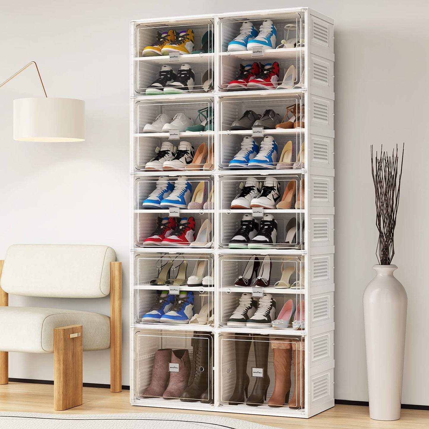 BROVIEW 9 Tiers 36 Pairs Heavy Duty Shoe Storage and Organizer, Hard Plastic Stackable Shoe Box, Shoe Cabinet storage for Entryway, Large Shoe Storage Bins, Folding Shoe Rack with Magnetic Door