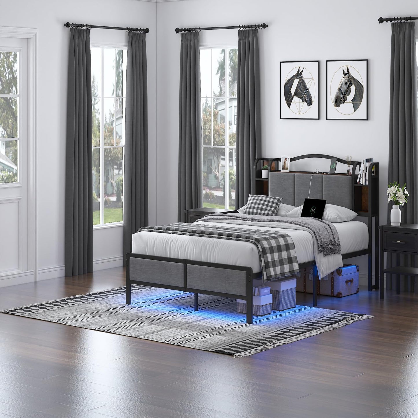 AROMUSTIME Queen Size Bed Frame with Upholstered Headboard & Footboard, Metal Bed Frame with LED Lights & Charging Station, No Box Spring Needed, Noise-Free Easy Assembly, Large Under Bed Storage
