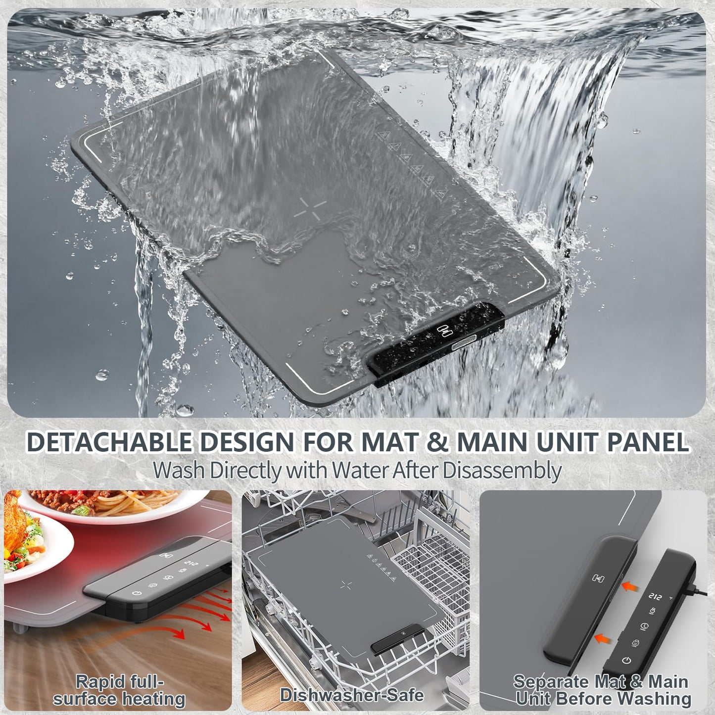 Portable Food Warming Mat with Waterproof Design, Silicone Food Warming Tray with 6 Temperature & 6 Timer Settings, Child Lock Safety, 8s Rapid and Full Surface Heating Food Warmer for Everyday Use