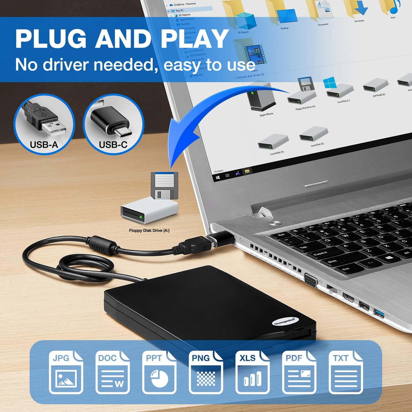 Floppy Disk Reader, 3.5 Inch 1.44Mb External Usb Type A/C Floppy Disk Drive For Pc, Laptop And Desktop Compatible With Windows 1