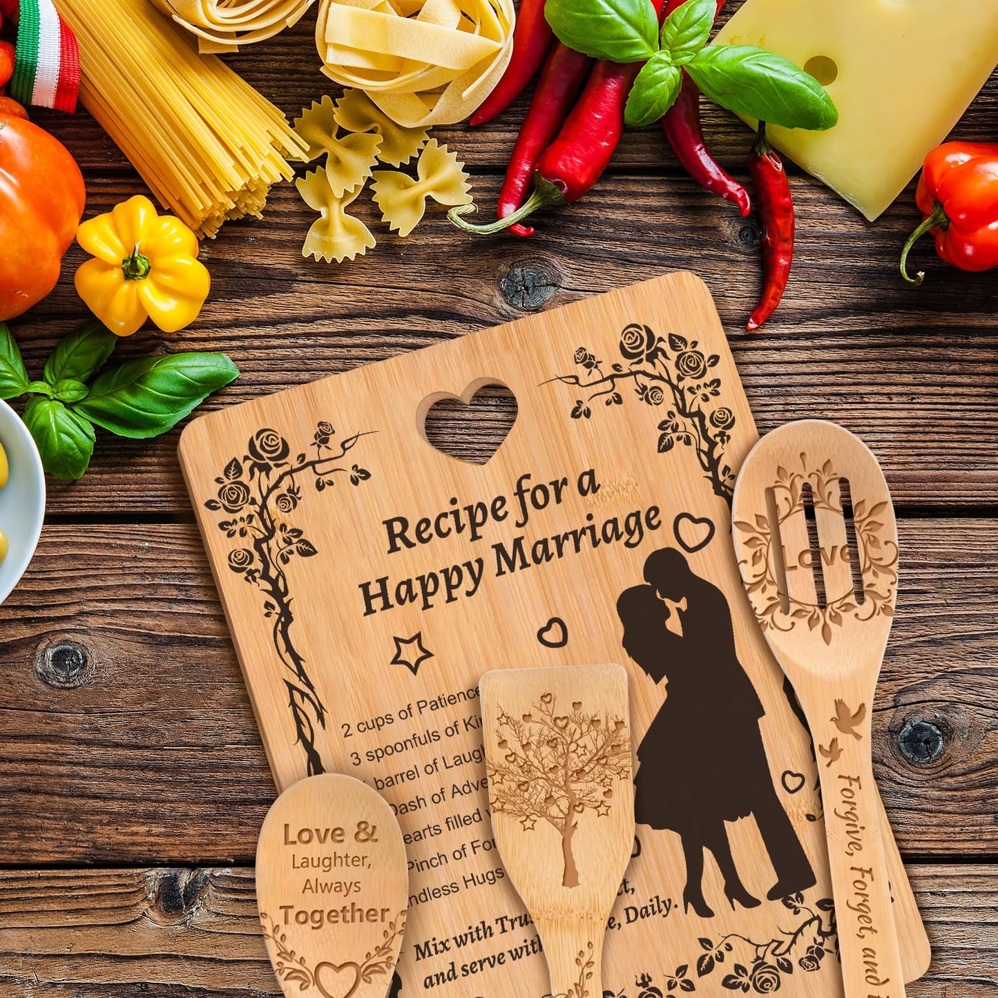 Bridal Shower & Engagement Gift for Couples 2025: Bamboo Cutting Board Set with Engraved Kitchen Utensils, Personalized Wedding Gifts for Bride and Groom - Newlyweds Housewarming Recipe Design