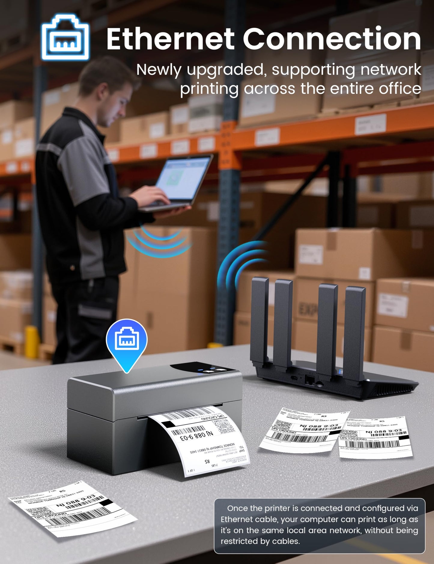Phomemo Thermal Label Printer with Ethernet & Bluetooth Connectivity, 150mm/s Speed Wiress Thermal Printer, Compatible with USPS/UPS & More, Shipping Label Printer for Home & Small Business