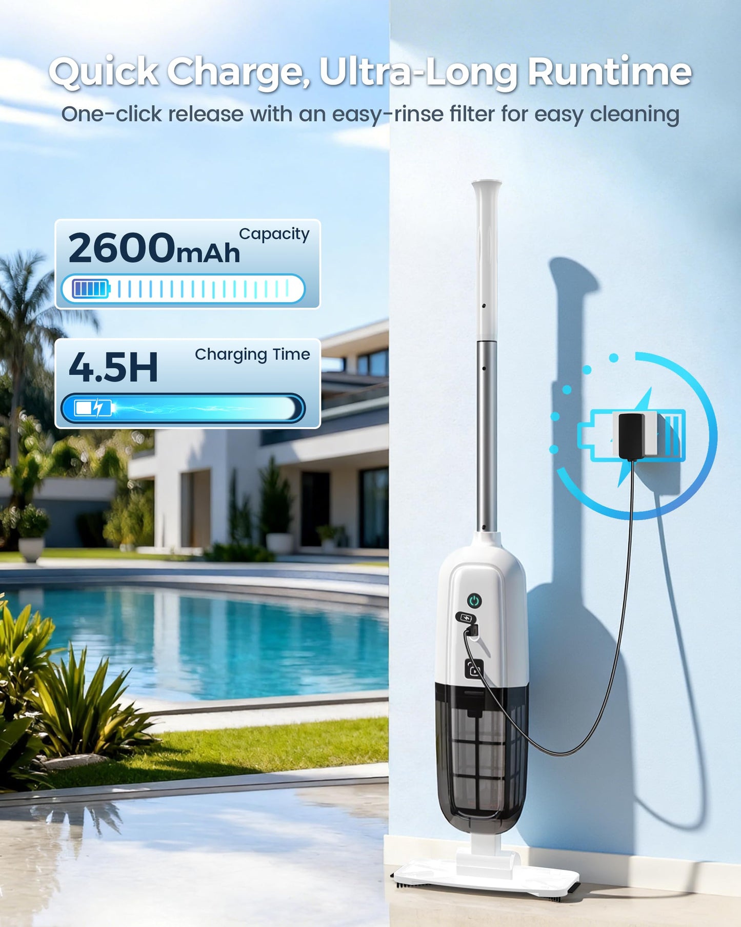 K1 Handheld Pool Vacuum,Pool Vacuum for Above Ground Pool,Rechargeable Pool Cleaner with Extention Pole,16.8GPM,70 Mins Runtime,Above Ground Pool Vacuum for Inground Pools, Spas, Hot Tubs,White