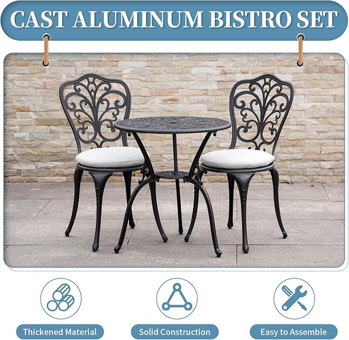 Withniture 3 Piece Bistro Patio Set Cast Aluminum Bistro Table and Chairs Set of 2 with Cushion,Outdoor Bistro Table Set with Umbrella Hole,Metal Patio Furniture Set for Garden,Black